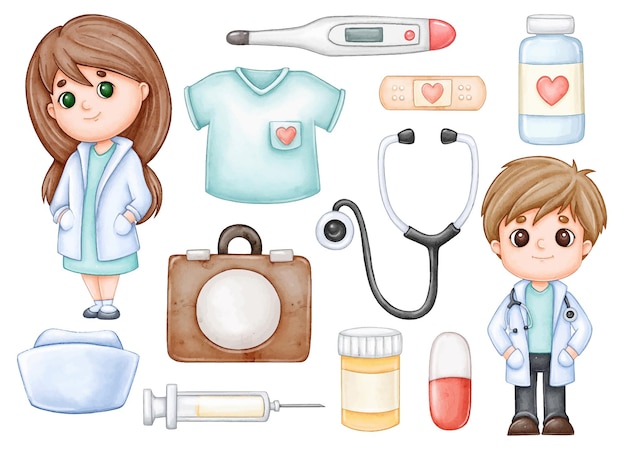 Vector cute doctors and medical equipment children clipart
