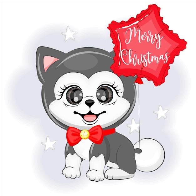 Carino cane alaskan malamute con un palloncino natale o capodanno illustrazione vettoriale