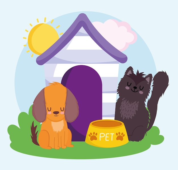 Вектор Милая собака и кошка с деревянным домом еда домашних животных векторная иллюстрация