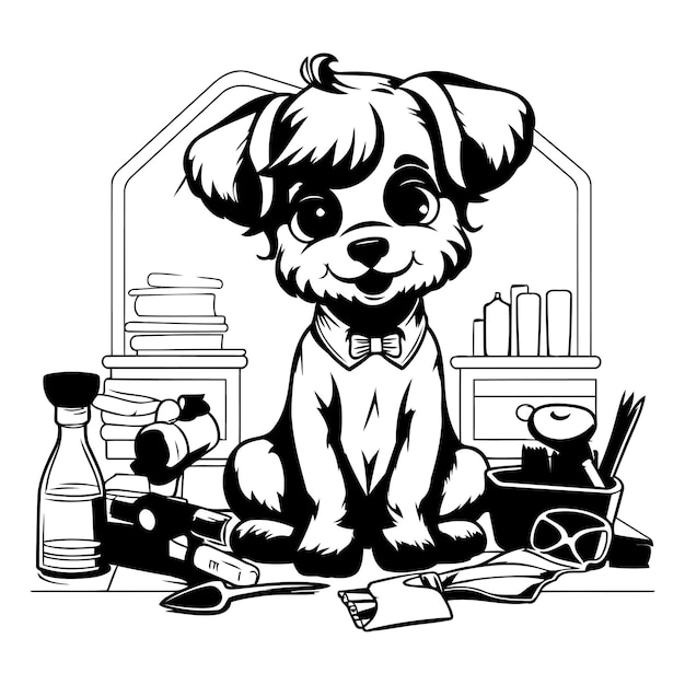 Vector cute dog in a barbershop black and white vector illustration