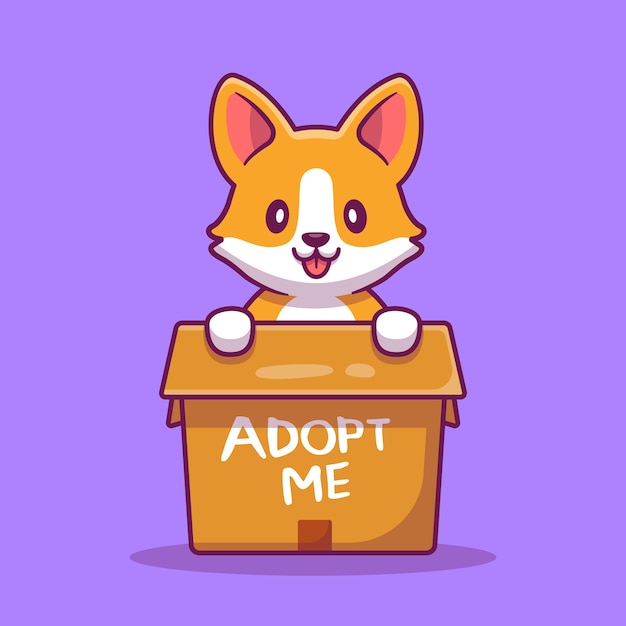 Cute Dog In Box Cartoon Illustration. Animal Icon Concept