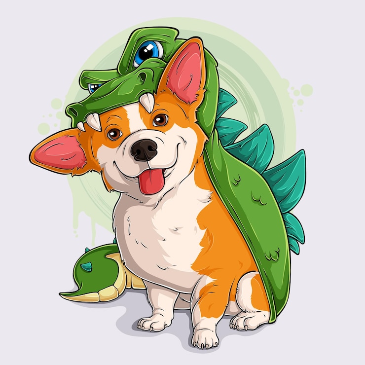 Vector 귀여운 개 품종 웨일스 코르기 브로크 (welsh corgi pembroke) 가 부풀이 가능한 trex 공 의상을 입고 있다.