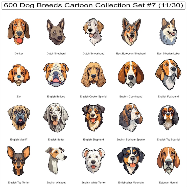 Vector cute dog breeds cartoon characters sticker bundle collection set 7 of 600 dog faces part 11