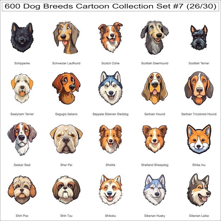 Vector cute dog breeds cartoon characters sticker bundle collection set 7 of 600 dog faces part 26
