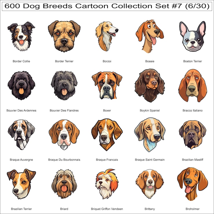 Vector cute dog breeds cartoon characters sticker bundle collection set 7 of 600 dog faces part 6