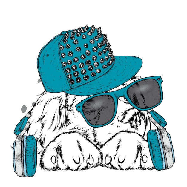 Vector cute dog in a cap and glasses.