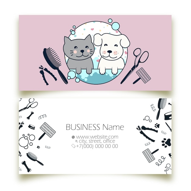 Cute dog and cat in the bathroom business card grooming design