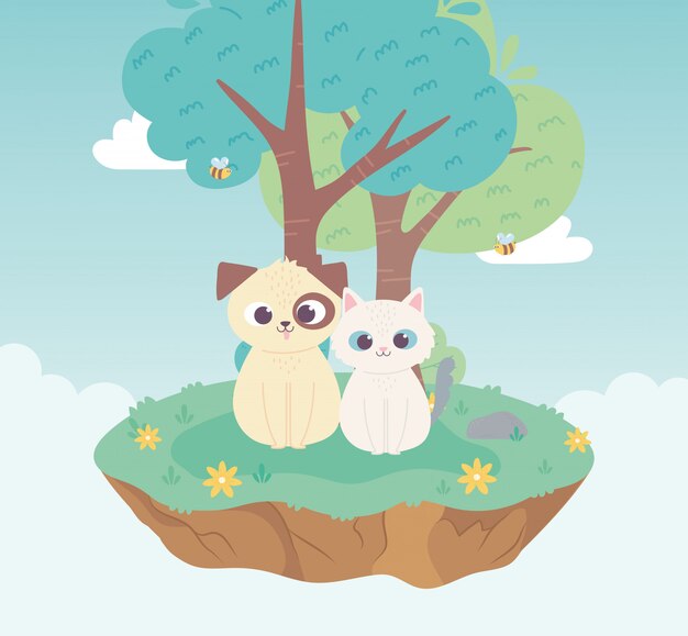 Cute dog and cat domestic animals cartoon standing meadow tree and flowers nature