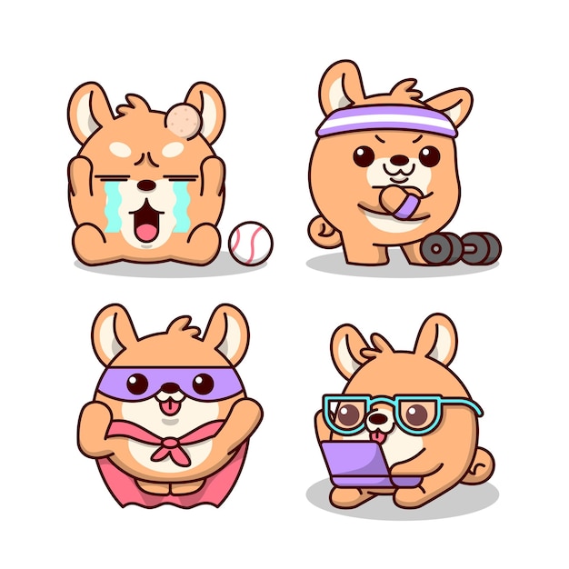 いくつかの異なるアクションとアクティビティでかわいい犬のキャラクター