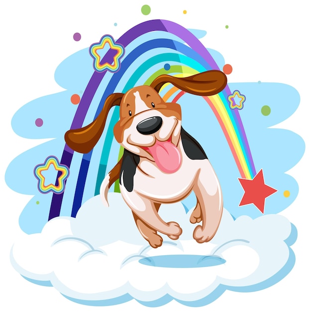 Cute dog on the cloud with rainbow