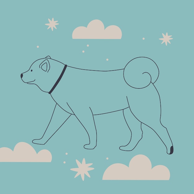 Милая собака в облаках Шиба ину в ошейнике ходит Векторная иллюстрация