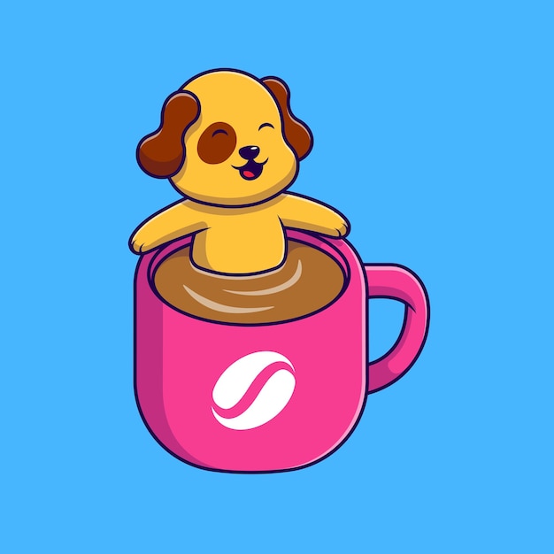 Cute Dog In Coffee Cup Cartoon Vector Icons Illustration