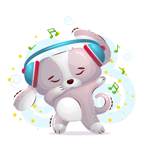 Vector the cute dog dances in headphones