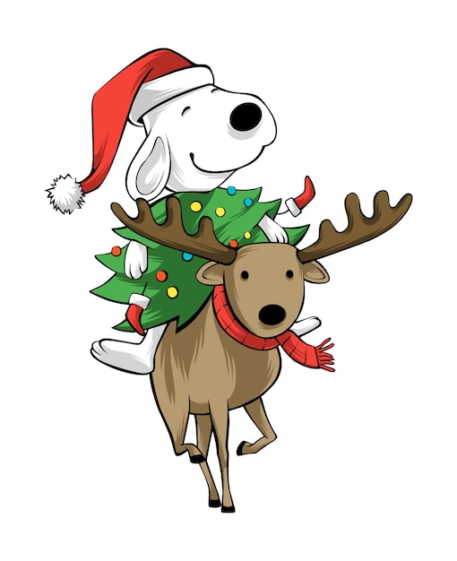 Vector cute dog and deer celebrating christmas