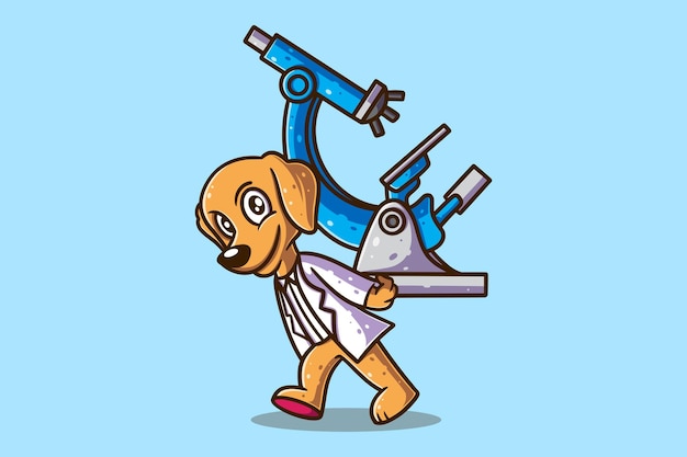 Милый доктор-собака с векторным мультфильмом "Лабораторный микроскоп"