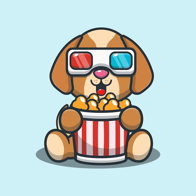 ポップコーンを食べて、3d映画を見ているかわいい犬