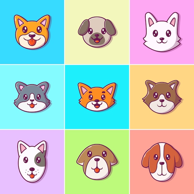 かわいい犬の顔コレクションアイコンイラスト 犬の顔の品種 分離された動物アイコンコンセプト プレミアムベクター