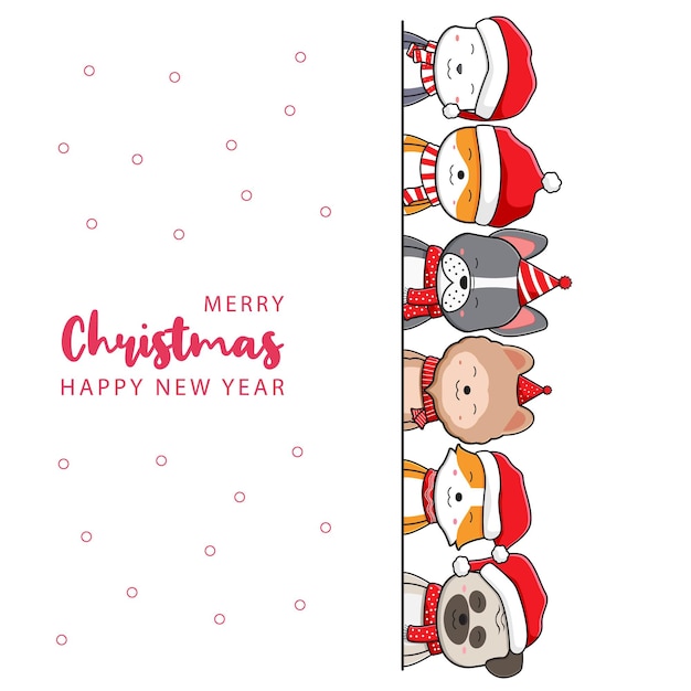 Vector cute dog family greeting merry christmas happy new year cartoon doodle card background