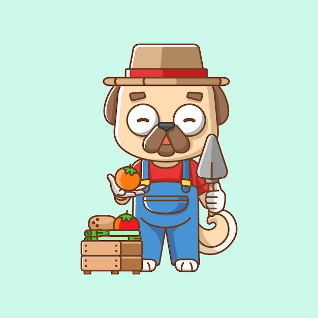 Vettore cuccioli di cani che raccolgono frutta e verdura, personaggi animali, mascotte, icone, illustrazione in stile piatto.