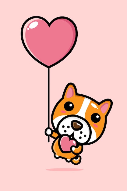 cute dog flying with a love balloon