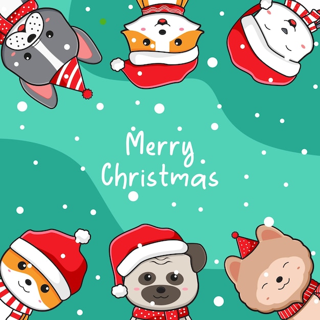 Cute dog and friends greeting merry christmas cartoon doodle card background illustration