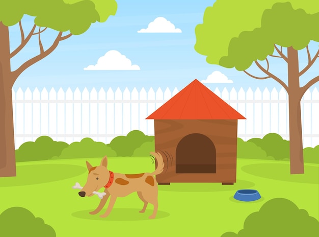 Vector cute dog gnawing bone on green lawn near doghouse in backyard beautiful summer landscape flat vector