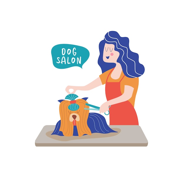 Cute dog at groomer salonWoman makes a haircut dog Dog grooming concept