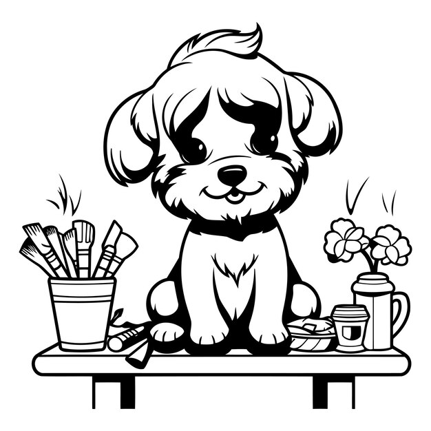 Vector cute dog in the grooming salon black and white vector illustration