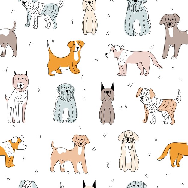 Cute dog hand drawn seamless pattern Cartoon dog or puppy characters in different poses