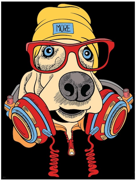 Vector cute dog in headphone with amazing detail