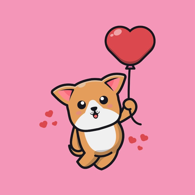 Cute dog holding love balloon cartoon icon illustration