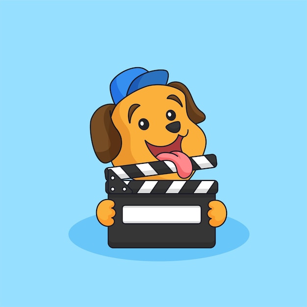 Cute dog holding film batacchio bordo produzione cinematografica mascotte animale fumetto logo illustrazione vettoriale