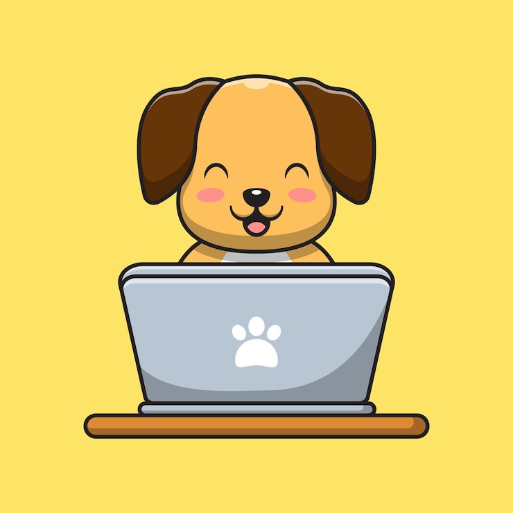 Vector cute dog is playing on the laptop