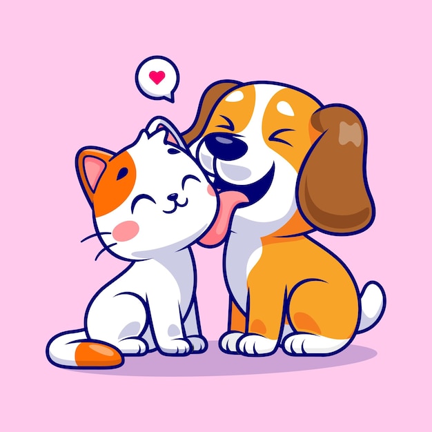 Vector cute dog licking cat cartoon vector icon illustration. animal nature icon concept isolated premium