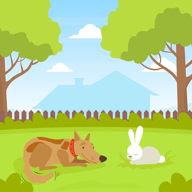 cute dog looking at white rabbit sitting on lawn in backyard beautiful summer landscape flat vector