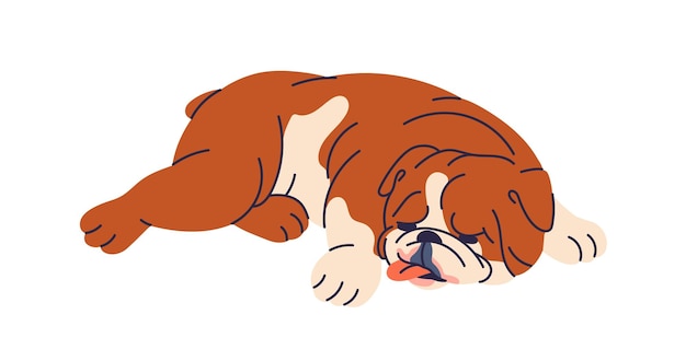 Вектор Милая собака лежит и спит уставший щенок английского бульдога расслабляется забавная собачка спит прекрасный милый толстый щенок отдыхает с высунутым языком плоская векторная иллюстрация изолирована на белом фоне