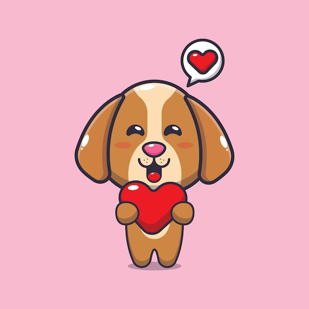 Illustrazione del personaggio dei cartoni animati della mascotte del cane sveglio nel giorno di san valentino