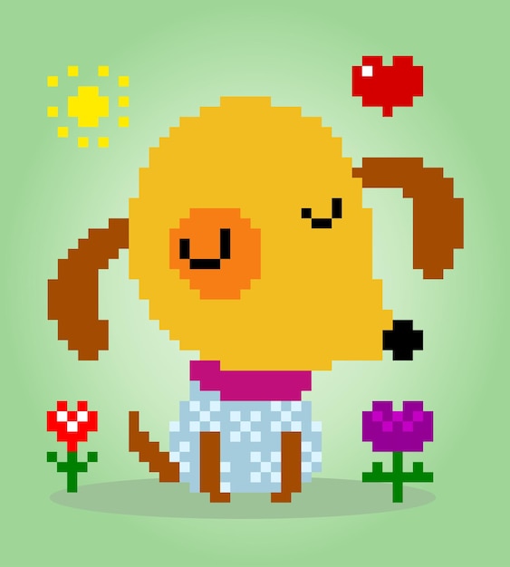 Cute dog pixel 8 bits animals for asset games in vector illustrations cross stitch pattern