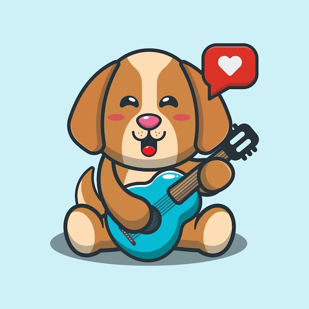 Cute dog playing guitar cartoon illustration