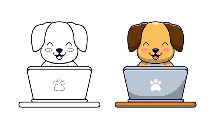 Vector cute dog playing laptop cartoon coloring pages for kids