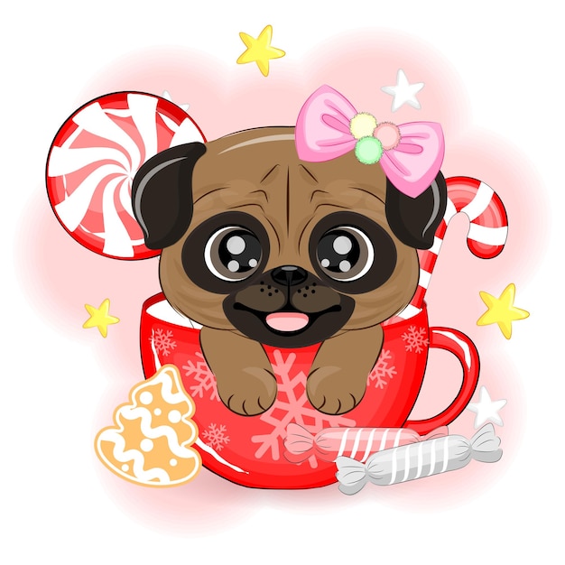 お菓子のボウルにかわいい犬パグ クリスマス ベクトル イラスト