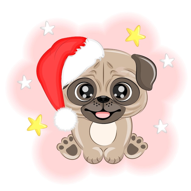Cute dog pug in a Santa Claus hat Christmas vector illustration