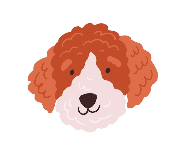 Cute dog's face. Funny head of puppy with curly fluffy hair. Canine animal's muzzle. Adorable doggy portrait. Amusing labradoodle in doodle style. Flat vector illustration isolated on white background