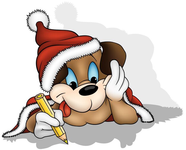 Simpatico cane in costume da babbo natale si sdraia a pancia in giù e scrive una lettera