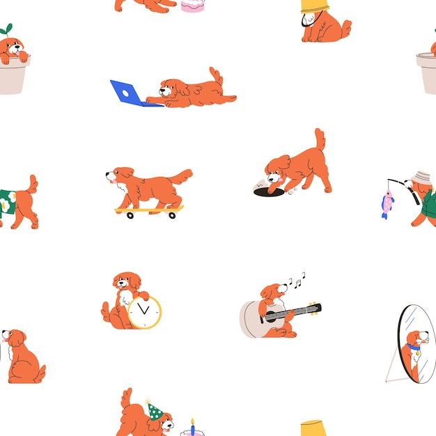 Vector cute dog, seamless pattern. funny canine animal life, endless background. amusing puppy, doggy. repeating print design for kids textile, childish fabric, wrapping. repeatable flat vector illustration