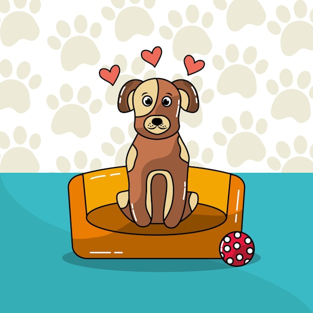 Vector cute dog sitting in bed and ball with heart paws background