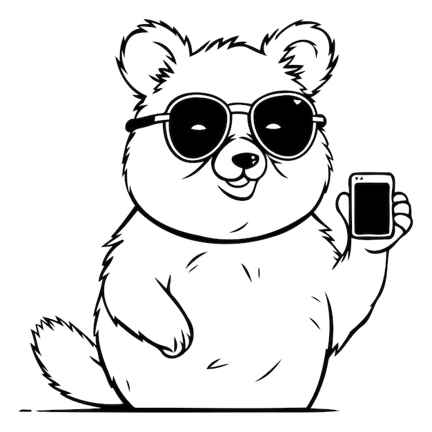 Cute dog in sunglasses with a phone in his hand Vector illustration