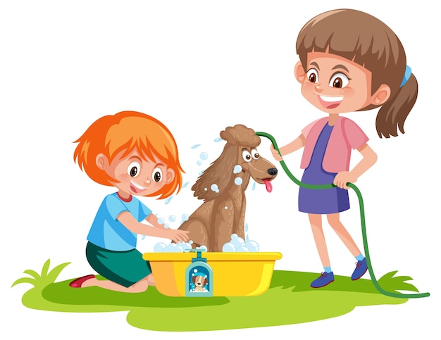 Vector cute dog take a bath with kids on white background