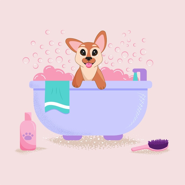 Cute dog taking bubble bathFlat style illustration