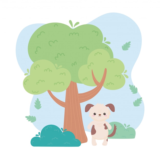 Cute dog tree grass cartoon animals in a natural landscape vector illustration